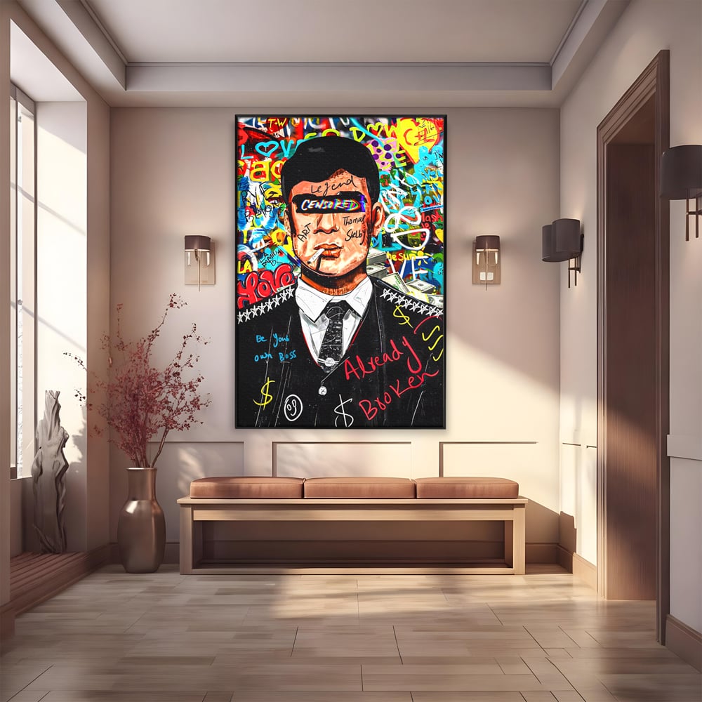 Tablou canvas cu tablou canvas cu personaj tip tommy shelby, in rama de aluminiu negru